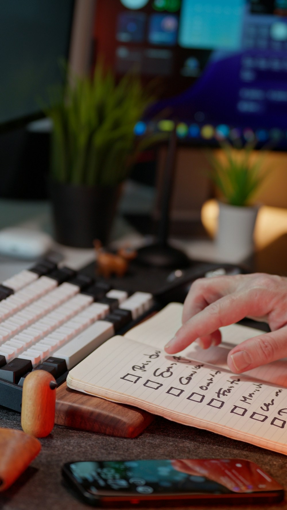 A hand ticking off a handwritten checklist beside a keyboard