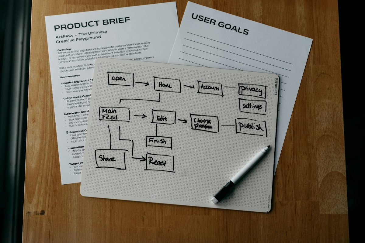 A hand-drawn process flowchart on a notebook